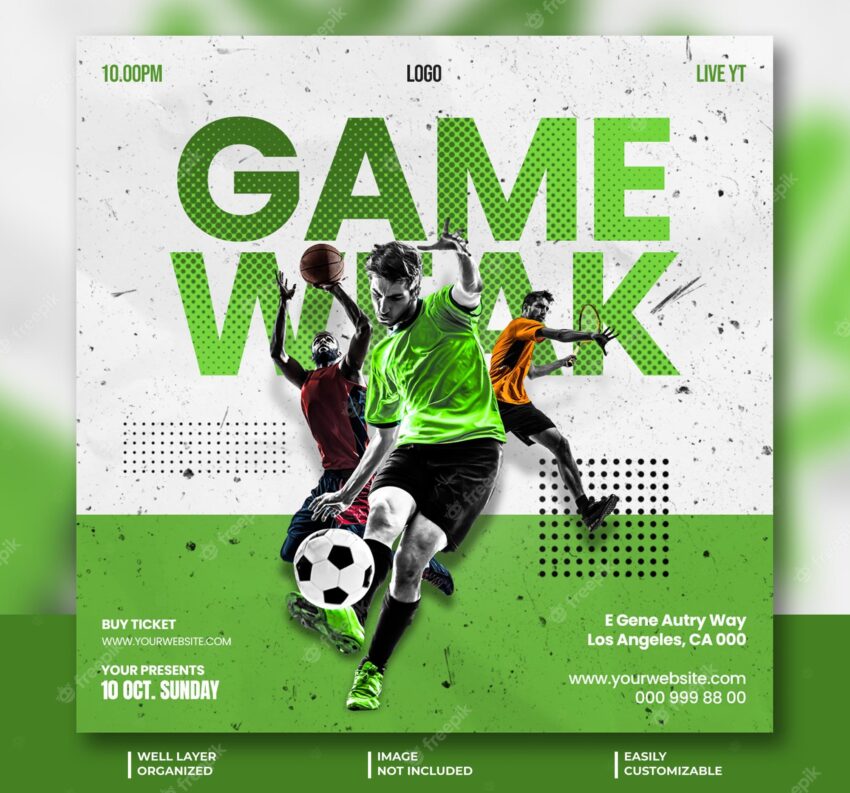 Game weak sports social media post banner template design or soccer event poster design