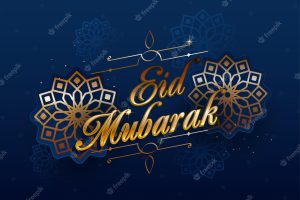 Golden eid mubarak font with mandala pattern on blue background
