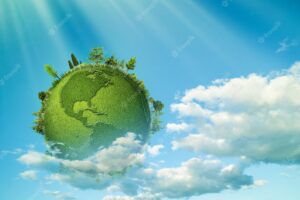 Green planet abstract eco backgrounds with blue skies clouds and earth globe