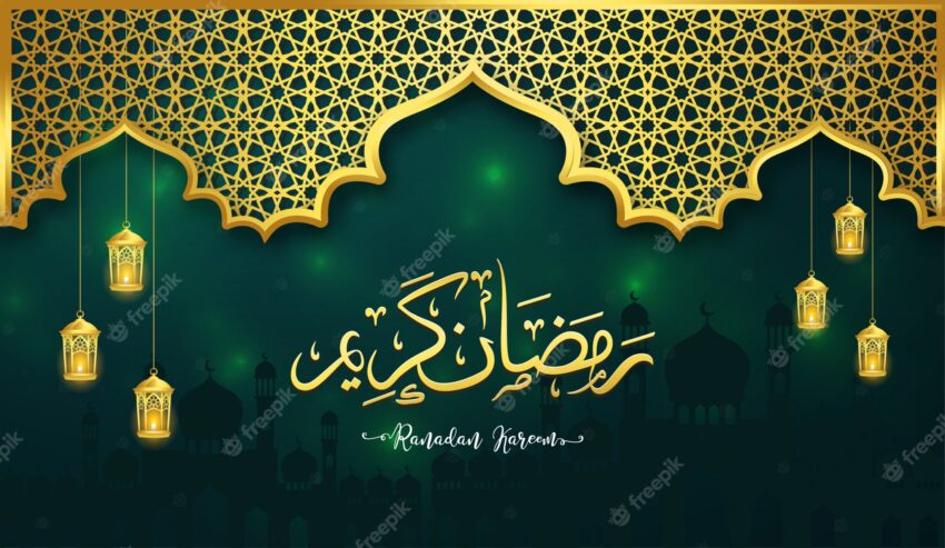 Green ramadan kareem or eid mubarak arabic calligraphy greeting card.