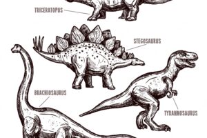 Hand drawn dinosaurs set black doodle