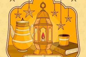 Hand drawn eid mubarak with lantern and stars