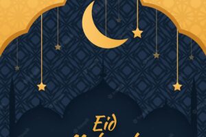 Hand drawn eid mubarak with moon and stars