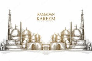 Hand drawn ramadan kareem greeting card with mosque sketch