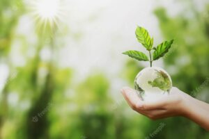 Hand holding glass globe ball with tree growing and green nature blur background