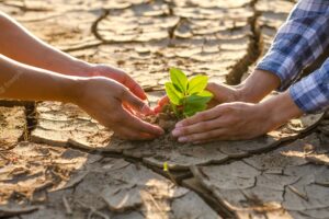 Hands of two people are planting plant on dry soil