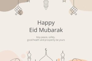 Happy eid mubarak greeting card monoline vector illustration on pastel background