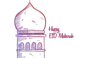 Happy eid mubarak sketch greeting with mosque illustration