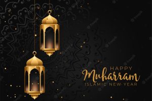 Happy muharram islamic golden lantern on black background