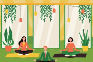 Happy office workers doing yoga, sitting in lotus pose on mats and meditating. flyer template