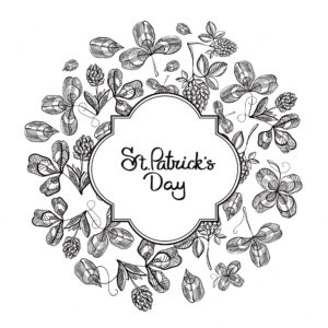 Happy st patricks day natural with inscription in frame sketch shamrock and four leaf clover vector illustration