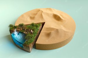 High angle pie chart with desert and waterfall