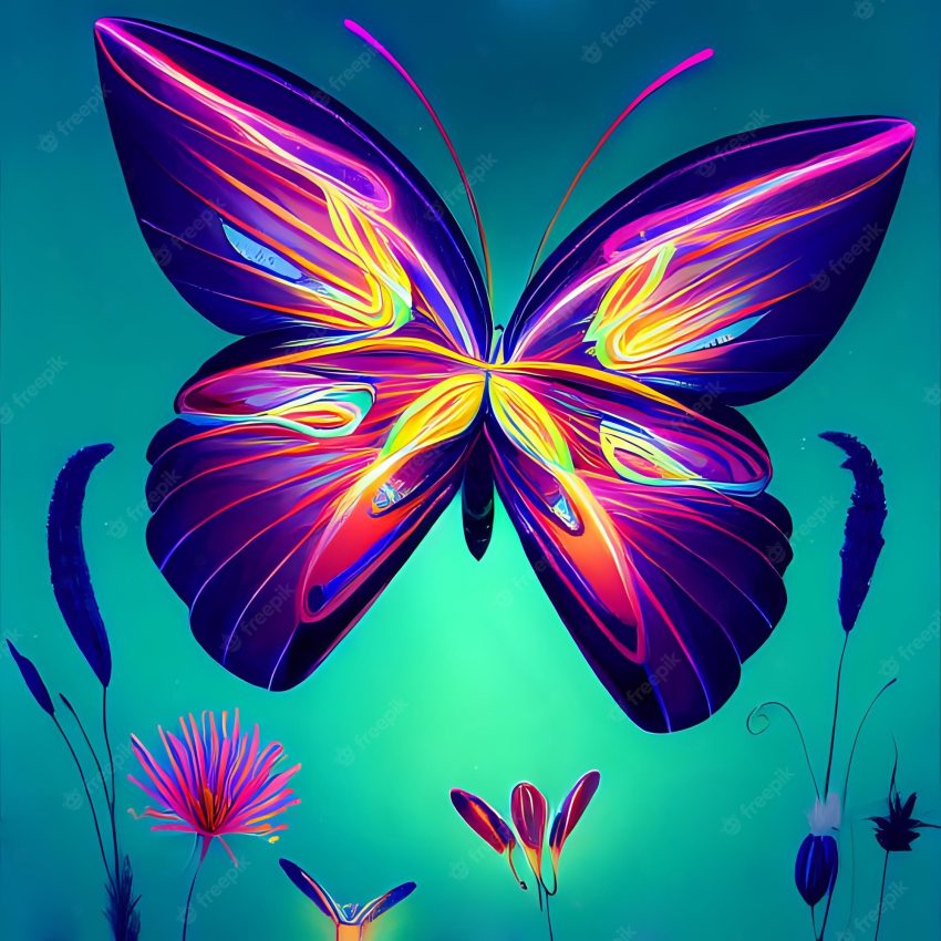 Illustration of colorful butterfly among flowers