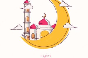 Illustration mosque eid mubarak line art template greeting card and background ramadan kareem