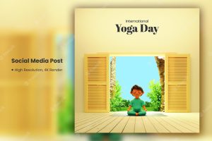 International yoga day social media post or template design with 3d young boy meditating at nature view and open door yellow background