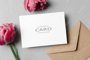 Invitation card mockup with envelope and pink tulips flowers