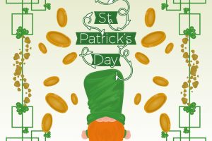 Irish elf cartoon with gold coins and clovers saint patricks day card vector