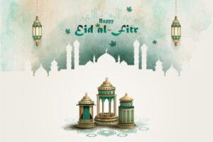 Islamic greetings eid al fitr card design with beautiful lanterns and watercolor background