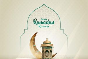 Islamic greetings ramadan kareem card design with crescent and lantern