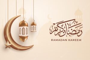 Islamic holiday banner background with 3d crescent moon and lantern