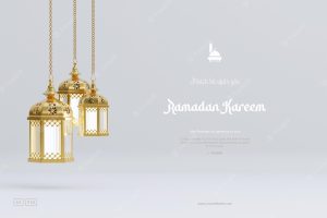 Islamic ramadan greeting background composition with hanging arabic lanterns and ornaments