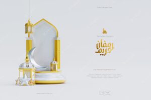 Islamic ramadan greeting background with 3d gold podium mosque and islamic crescent ornaments