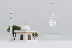 Islamic ramadan greeting background with cute 3d mosque and islamic crescent ornaments
