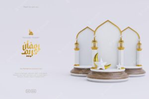 Islamic ramadan kareem and eid greeting background with cute mosque podium crescent ornaments