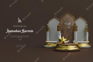 Islamic ramadan kareem and eid greeting background with cute mosque podium crescent ornaments