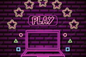 Laptop and stars design in neon style, video games related
