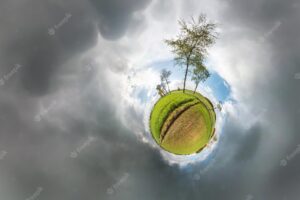 Little planet spherical panorama 360 degrees spherical aerial view in field in nice day with awesome clouds curvature of space light vs darkness