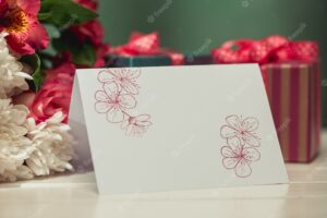 Love background with pink roses, flowers, gift on table