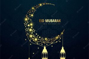 Luxury eid mubarak background with moon and lanterns