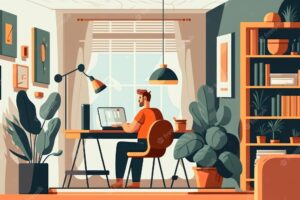 Man working from home or co working space freedom life lifestyle concept flat design