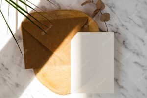 Marble background with a wooden plate with a brown envelope and a white blank