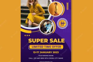 Memphis style purple and yellow color flyer template