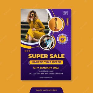 Memphis style purple and yellow color flyer template