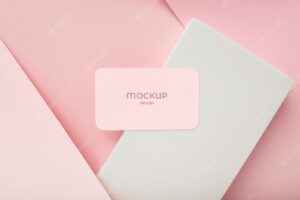 Minimalist business card mockup composition on geometric background with pink and white colors