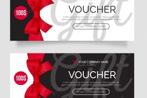 Modern gift voucher set with realistic red ribbon