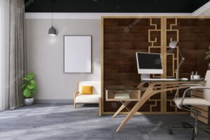 Modern living room interior design with office desk sofa photo frame mockup