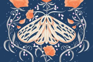 Moth and floral motifs pattern design in symmetry colorful flat vector illustration with moth flowers floral elements and stars