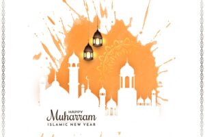 Muharram festival and islamic new year greeting card with mosque vector