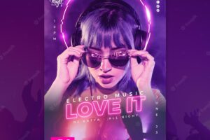 Neon poster template for electronic music with female dj