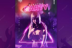 Neon vertical flyer for electronic music with female dj