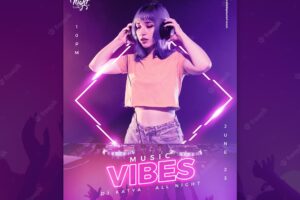 Neon vertical flyer template for electronic music with female dj