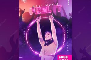 Neon vertical poster template for electronic music with female dj