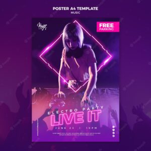 Neon vertical poster template for electronic music with female dj