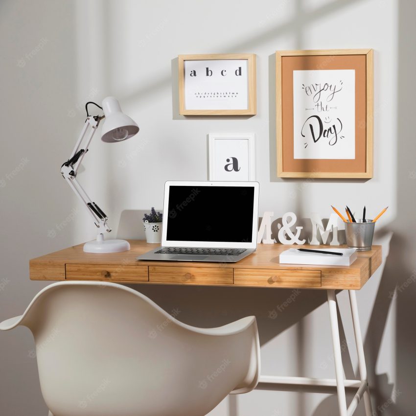 Nice and organised workspace with lamp