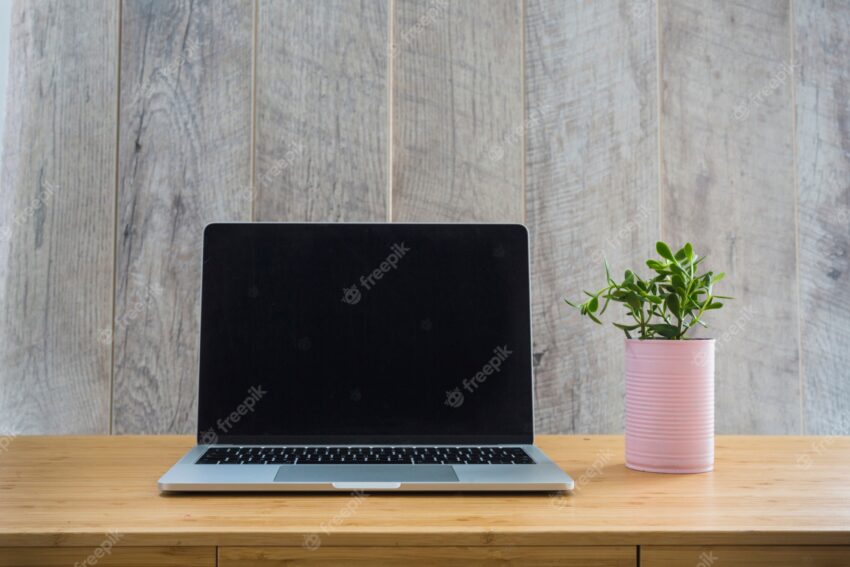 An open laptop with small pot plant on wooden desk