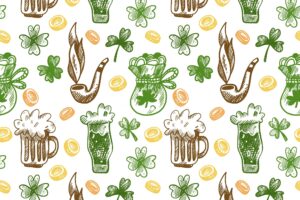 Pattern of beer sketches with clovers and other elements